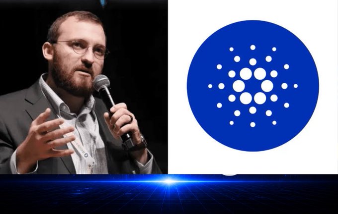 A split image showing a man with glasses speaking into a microphone on the left and the Cardano (ADA) logo on a blue circle on the right.
