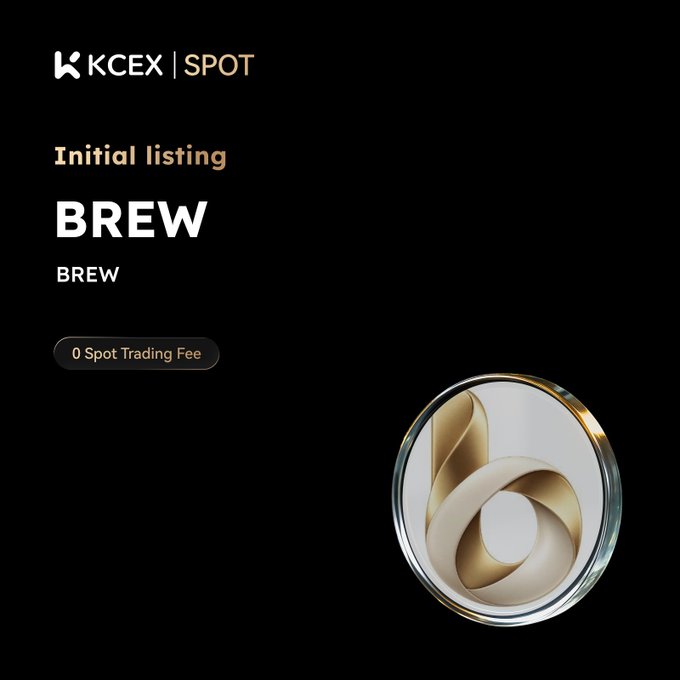 KCEX Spot exchange announcement for the 'Initial listing' of token 'BREW' featuring a '0 Spot Trading Fee' badge and a 3D gold and silver token emblem.