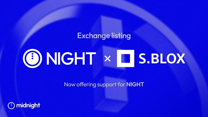 A blue promotional graphic announces "Exchange listing" featuring the logos of NIGHT and S.BLOX side by side, with text stating "Now offering support for NIGHT" and the "midnight" branding in the corner, marking NIGHT's listing on Sony's S.BLOX exchange in Japan.