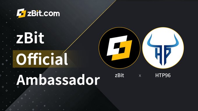 Promotional graphic with a dark background displaying 'zBit Official Ambassador' partnership between zBit.com and HTP96, featuring both logos.