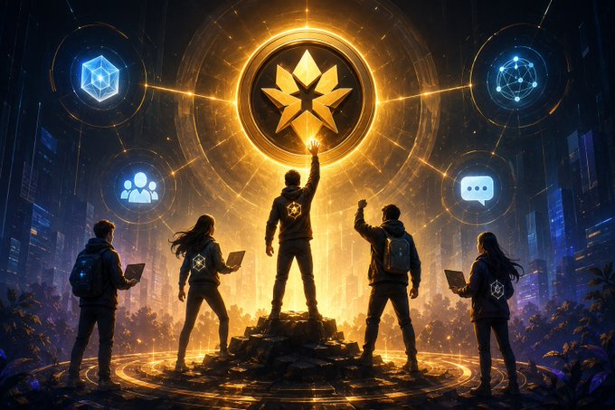 A digital fantasy illustration shows a group of figures standing before a large glowing golden emblem, with one central figure reaching up toward it while holding a laptop.