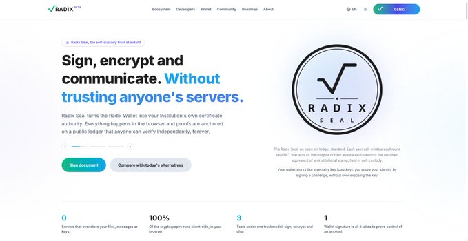 The Radix (XRD) website landing page promoting their 'Radix Seal' with the tagline 'Sign, encrypt and communicate. Without trusting anyone's servers.'