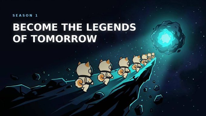 A promotional banner reads 'SEASON 1 BECOME THE LEGENDS OF TOMORROW,' featuring cartoon cat-like astronauts in spacesuits marching across a rocky asteroid landscape toward a glowing blue celestial body.