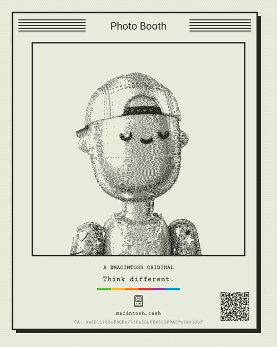 A digital artwork designed to look like a photo booth strip featuring a 3D metallic figure wearing a backward cap with closed eyes; text reads 'Photo Booth', 'A $MACINTOSH ORIGINAL', and 'Think different.'