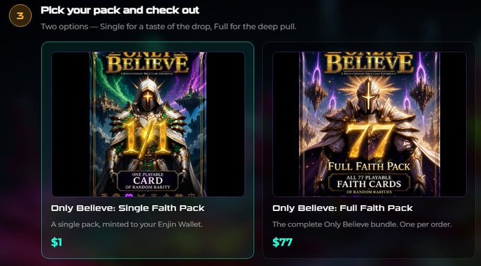 A product page titled 'Pick your pack and check out' displays two 'Only Believe' faith card options: a Single Faith Pack for $1 and a Full Faith Pack for $77, featuring knight artwork.