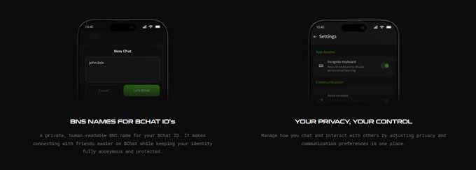 Two mobile app screens display a chat ID service, with the left showing a 'New Chat' creation screen and the right showing 'Settings' for privacy and communication controls.