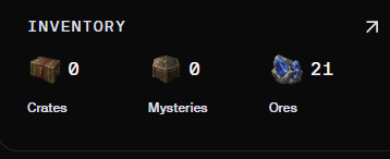 A digital inventory screen on a black background displaying 'INVENTORY' at the top, showing three chest icons: 'Crates' (0), 'Mysteries' (0), and 'Ores' (21).
