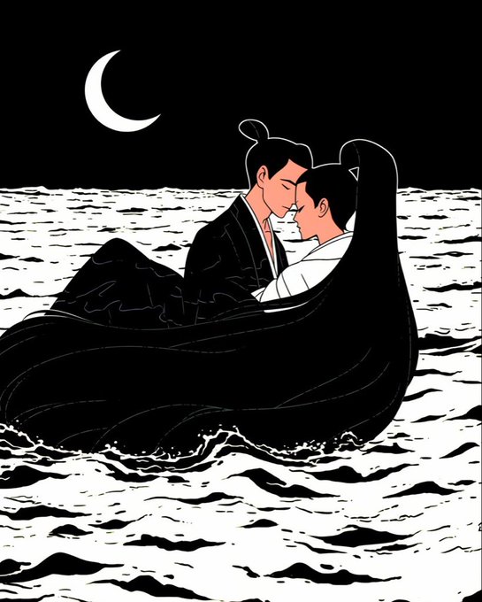 A monochromatic illustration of two figures in traditional clothing embracing on dark, wavy water under a crescent moon.