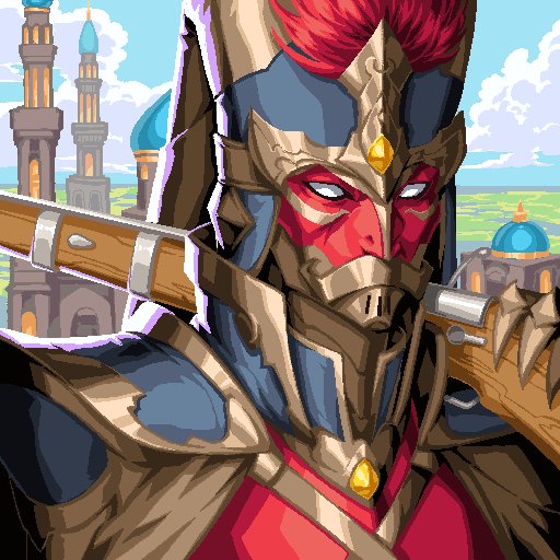 A pixel art illustration depicts a warrior in ornate gold and blue armor with a red mask and wild red hair, carrying a rifle against a fantasy city backdrop.