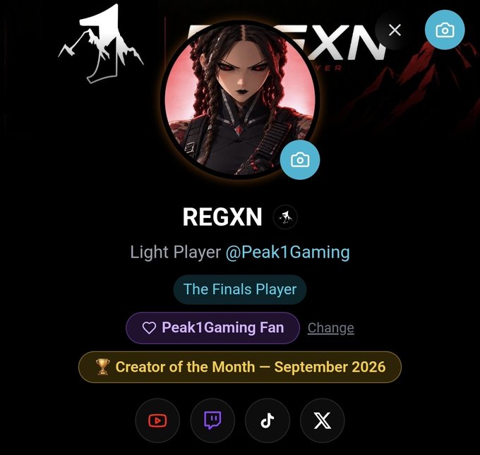 A profile page for 'REGXN', a 'Light Player @Peak1Gaming' identified as 'The Finals Player' and 'Peak1Gaming Fan', recognized as 'Creator of the Month — September 2026', with an avatar showing a fierce-looking female character.