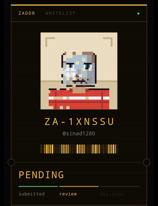 A pixel art digital card from 'ZADDR WHITELIST' showing a character in a red striped shirt with the code 'ZA-1XNSSU' and status 'PENDING'.