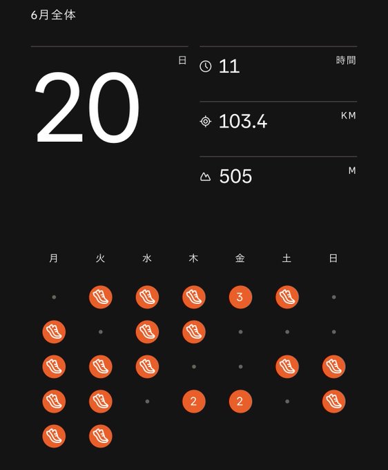 A Strava-style fitness summary screen displays June activity totals: **20 days, 11 hours, 103.4 km, and 505 m** of elevation, alongside a calendar grid of running days. The orange running icons and km mileage correspond directly to the poster's boast of pushing the pace and hitting 100 km, contrasting their athletic effort with the lack of progress on HYPE, which stalled at $76.