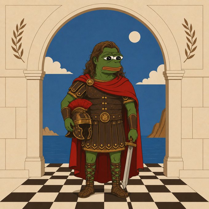 A digital illustration of Pepe the Frog dressed as a Roman soldier with long brown hair, a red cape, and armor, holding a helmet and sword while standing on a checkered floor beneath an archway.