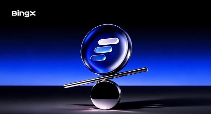 A sleek 3D rendering of a blue and black logo sphere balanced on a bar over a smaller ball, with 'BingX' text in the upper left corner against a dark gradient background.