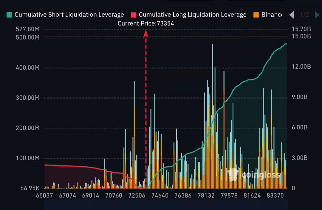 The image shows a chart that tracks short and long liquidation of cryptocurrency, specifically Bitcoin, over time. It presents a comparison between the amount of money being moved in these two scenarios. The data points displayed on the graph are not specific, but they likely represent the daily fluctuations in Bitcoin's trading volume.