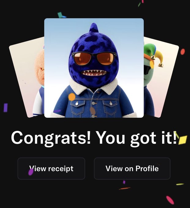 A screenshot showing a 'Congrats! You got it!' message with a character wearing a blue leopard-print hood, sunglasses, and a denim jacket, with buttons for 'View receipt' and 'View on Profile'.