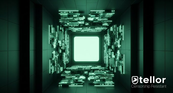 A digital corridor rendered in glowing teal pixels funnels toward a bright white square, visually symbolizing data flow through programmable infrastructure. The "tellor Censorship Resistant" logo in the corner reinforces the post's message about resilient, decentralized oracle design that remains functional even if its original team vanished.