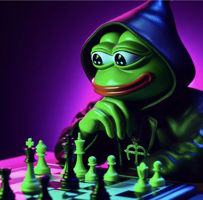 A green Pepe the Frog character wearing a dark hooded robe contemplates a chess game in a purple-lit room, with green and white pieces on the board before him.