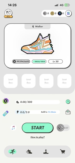 A mobile app screen for a fitness app called 'Walker' displaying an orange and blue sneaker shoe, with stats like '993945600' points, '1000.0/1000.0', and 'Lv 30', along with 'Loof Box' items and a green 'START' button.