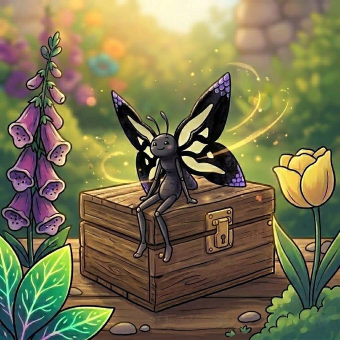 The image features a small black butterfly sitting on top of an open wooden chest, surrounded by flowers and plants. The scene also includes a yellow flower nearby and a purple flower further away from the main subject. The overall atmosphere appears to be whimsical and enchanting, with the butterfly as the central focus in this charming illustration.