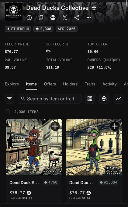 NFT marketplace page for 'Dead Ducks Collective' on Ethereum, showing a floor price of $76.77 and various duck character items.