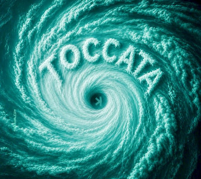 A dramatic cyan-hued vortex spirals inward toward a dark central arrow, with the word "TOCCATA" formed from cloud-like textures arching across the swirl. The image visually echoes the post’s theme of covenants as a foundational force shaping state transitions on Kaspa’s L1.
