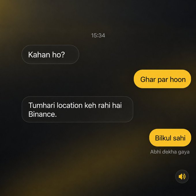 A text message conversation in Hindi/Urdu at 15:34 where someone asks 'Kahan ho?' (Where are you?), the reply is 'Ghar par hoon' (I am at home), followed by a message saying their location is leaking via Binance, and the response 'Bilkul sahi, Abhi dekha gaya' (Totally right, just checked).