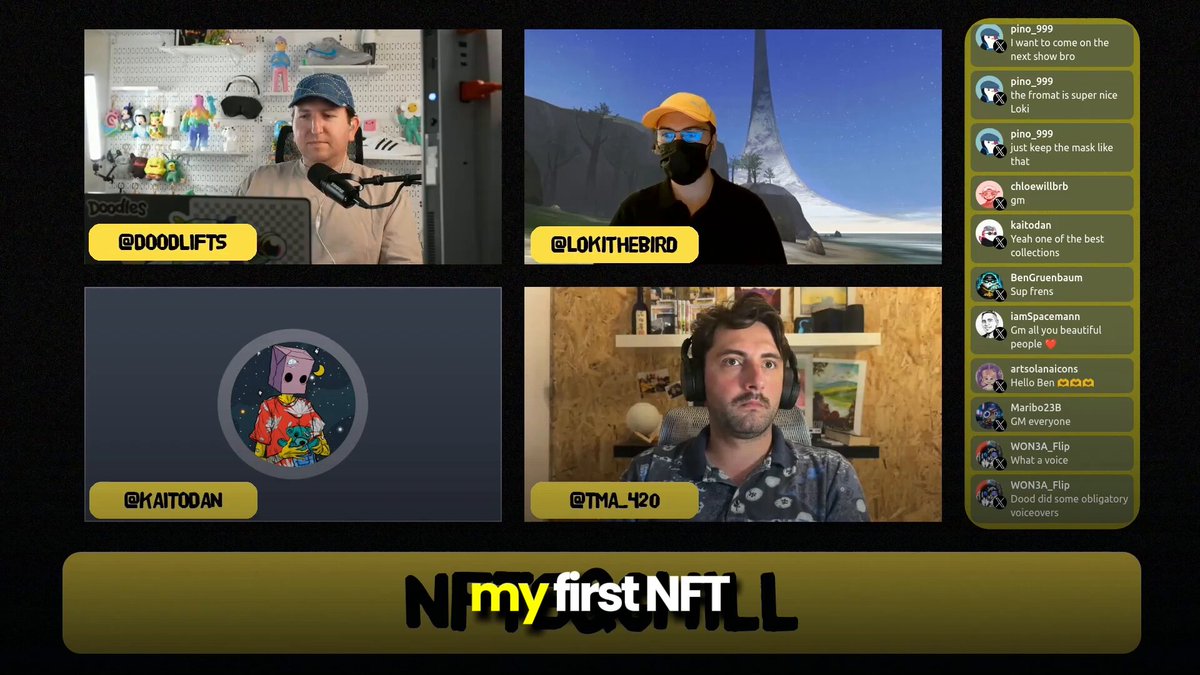The image shows a screen with four different photos of people, each displaying their faces. The top left photo features a man wearing a baseball cap and sunglasses, while the top right photo has a man wearing a face mask. In the middle section, there is another man wearing a hat and sunglasses, as well as a man in an orange shirt. On the bottom right side of the screen, there are two more photos with people wearing hats and sunglasses. The image also includes text that reads "NFT my first NFT" and "Solana", which may be related to the content displayed on the screen.