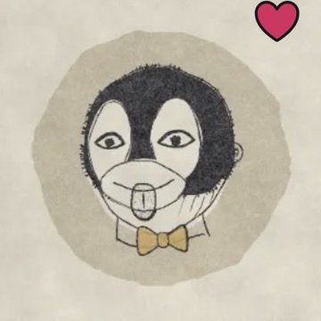 A rough hand-drawn sketch of a smiling man's face with a yellow bow tie on gray paper, accompanied by a small red heart in the upper right corner.