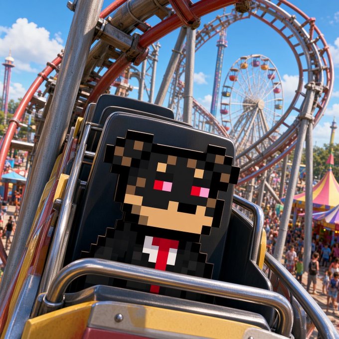 A pixel-art character resembling a businessman with red eyes, wearing a black suit and red tie, sits in the front seat of a roller coaster car with a Ferris wheel and amusement park in the background.