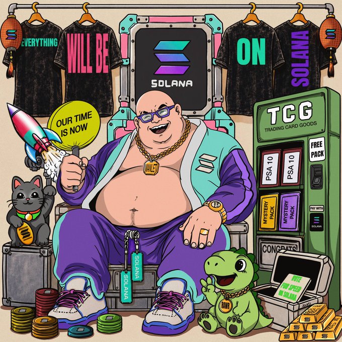A cartoon illustration of a bald, overweight man wearing purple pants and a teal jacket sitting on a throne, surrounded by Solana-branded merchandise including t-shirts reading 'EVERYTHING WILL BE ON SOLANA' and a 'TCG TRADING CARD GOODS' vending machine dispensing 'PSA 10' cards and 'MYSTERY PACKS'.