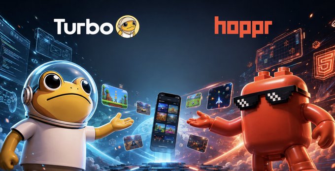 A promotional graphic features two mascot characters, a turtle in a spacesuit and a red robot with 'thug life' sunglasses, alongside the logos 'Turbo' and 'hoppr'.