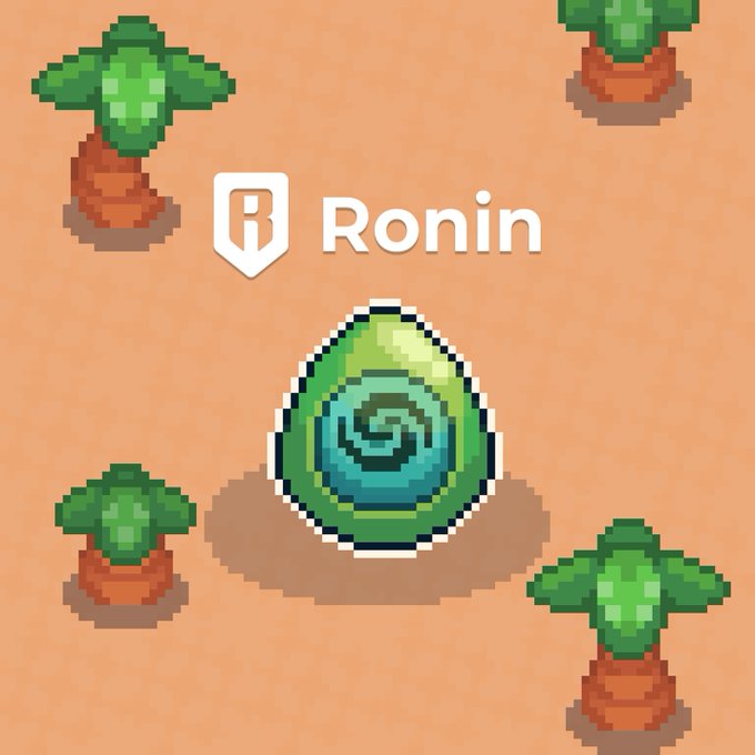 Pixel art illustration featuring the Ronin logo, a green swirled teardrop-shaped icon, and four palm trees on a peach-colored background.