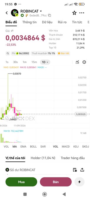 A mobile phone screenshot of the Robinhood crypto app displaying the 'ROBINCAT' token (Oxed08...79cc) with a current price of 0.0034684 $, down 22.53%, alongside a 1-day candlestick price chart.