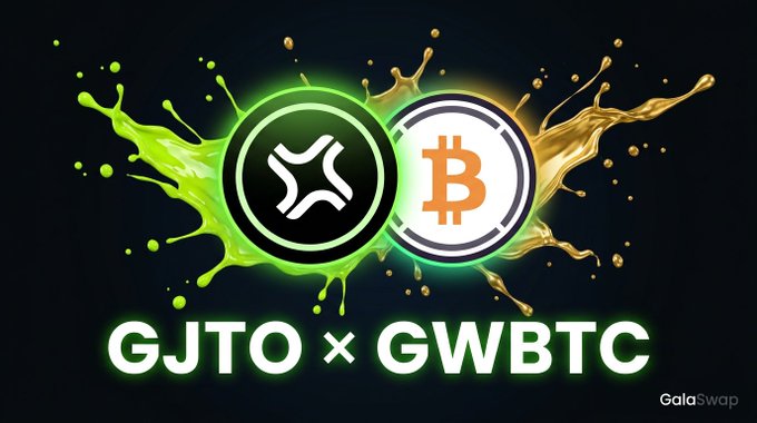 The image features a graphic design with green splashes, where two icons are placed next to each other - one containing the letters "GJTO" surrounded by green graffiti, and another with a Bitcoin logo positioned beneath this one. The text "Gjto xbtc" is also included in the design. In the background of the image, there is an announcement that reads, "GalaSwap Pool Spotlight links". Furthermore, the image suggests there may be a social media post related to this graphic design on LinkedIn or another platform with a similar theme and color scheme. The primary focus is on these elements while maintaining a clean and professional appearance.