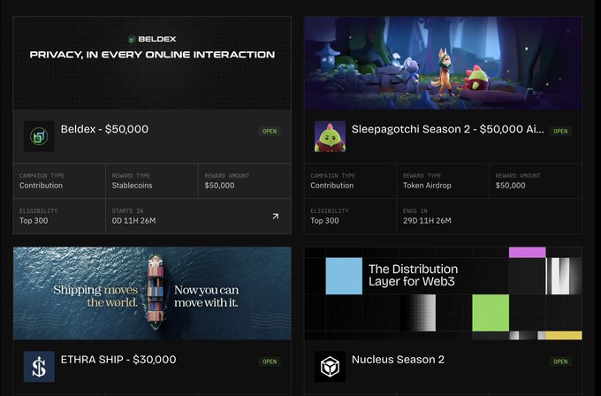 A webpage displaying crypto airdrop campaigns including "Beldex - $50,000" (Stablecoins), "Sleepagotchi Season 2 - $50,000" (Token Airdrop), "ETHRA SHIP - $30,000", and "Nucleus Season 2".