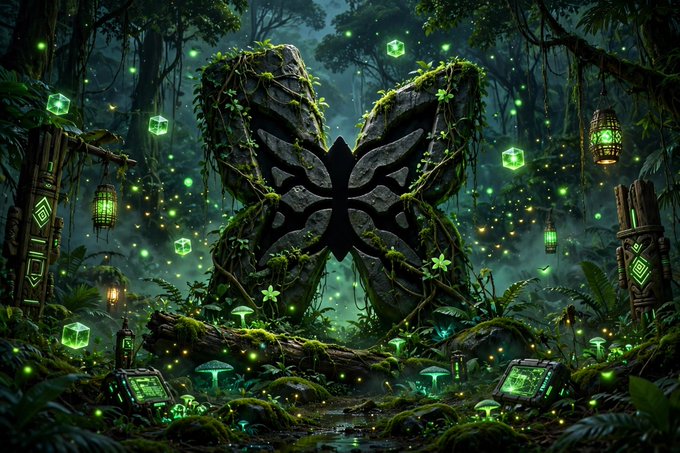 A fantasy digital artwork depicting a moss-covered stone monument with an intricate butterfly-like symbol in a glowing jungle environment with green lanterns and bioluminescent elements.