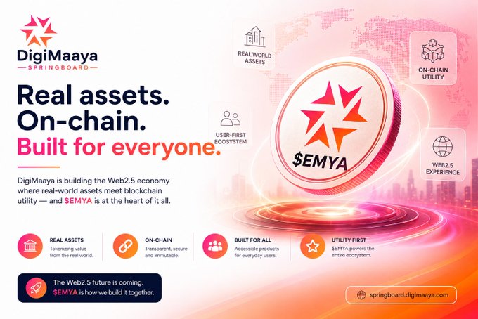 A promotional banner for DigiMaaya Springboard features the $EMYA coin and text reading 'Real assets. On-chain. Built for everyone.', highlighting their Web2.5 economy.