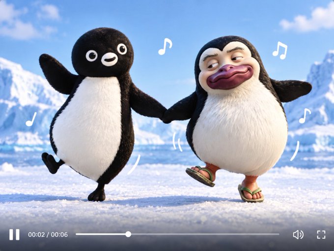 Two animated penguins hold hands and dance in a snowy landscape, with music-note symbols around them and a video-player overlay at the bottom.