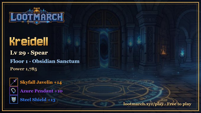 A fantasy role-playing game interface displays a character named 'Kreidell,' Lv 29 Spear, located on Floor 1 'Obsidian Sanctum' with Power 1,785, equipped with a Skyfall Javelin +14, Azure Pendant +10, and Steel Shield +13, with 'lootmarch.xyz/play - Free to play' displayed in the corner.