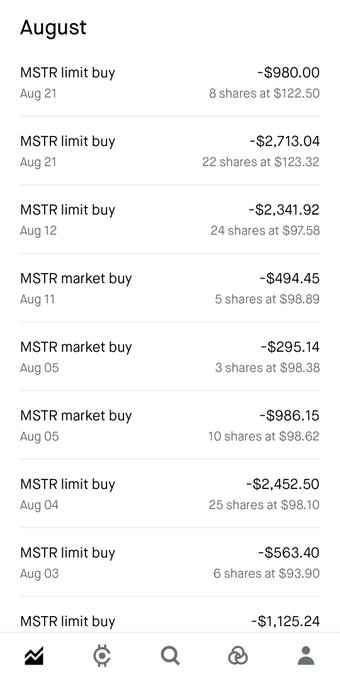 A mobile stock trading app showing multiple MSTR (MicroStrategy) limit buy and market buy transactions throughout August, with share quantities ranging from 3 to 25 shares at prices around $93-123.