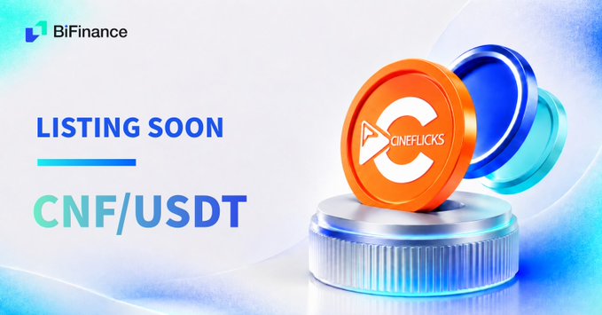 A BiFinance promotional banner announcing 'LISTING SOON CNF/USDT' featuring a 3D-rendered coin with the CineFlicks logo.