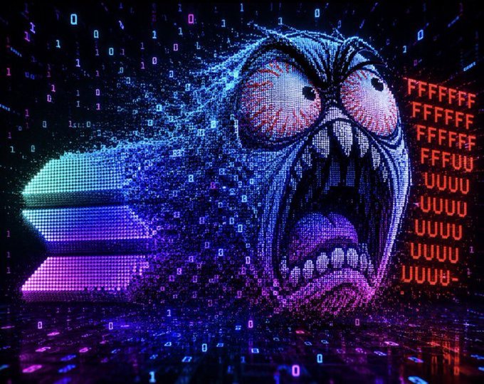 A digital art piece featuring a screaming face made of pixels and binary code, with the Solana logo on the left and red F's streaming on the right.