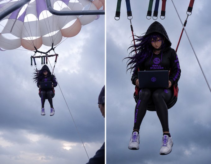 Side-by-side images of a person paragliding while wearing a black hoodie labeled 'SKILL STACKER' and using a laptop, set against a cloudy sky.