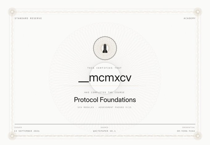 A certificate of completion for '__mcmxcv' who has completed the course 'Protocol Foundations' from Standard Reserve Academy, issued 13 September 2026.