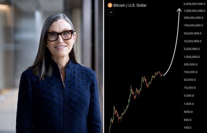A split image showing a portrait of a smiling woman with gray-streaked hair and glasses on the left, and a logarithmic Bitcoin/U.S. Dollar price chart with an exaggerated upward arrow on the right.