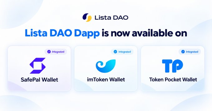 A Lista DAO announcement graphic stating "Lista DAO Dapp is now available on" SafePal Wallet, imToken Wallet, and Token Pocket Wallet, all marked as integrated.