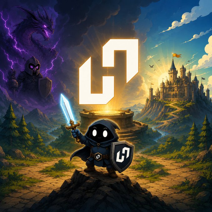 A fantasy-style digital artwork featuring a small cloaked figure holding a glowing sword and shield in the foreground, with a large golden logo behind them, a dark armored figure and dragon in stormy purple skies to the left, and a castle in a sunny landscape to the right.