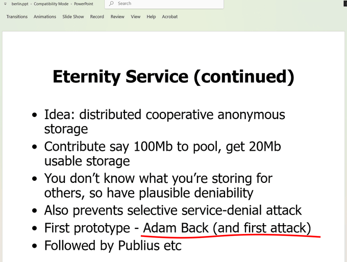 A PowerPoint slide titled 'Eternity Service (continued)' outlines a distributed cooperative anonymous storage concept where users contribute 100Mb to get 20Mb usable storage, with the first prototype credited to Adam Back, followed by Publius.