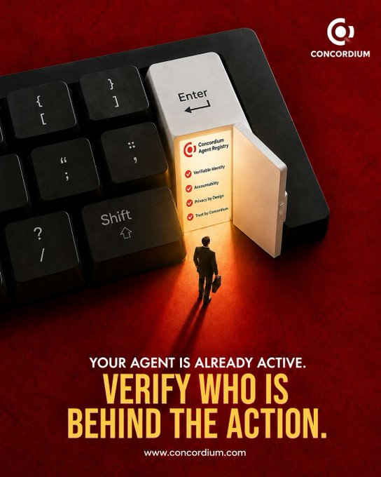 Concordium ad featuring a tiny businessman walking toward an 'Enter' key on a keyboard, with text: 'YOUR AGENT IS ALREADY ACTIVE. VERIFY WHO IS BEHIND THE ACTION. www.concordium.com'.